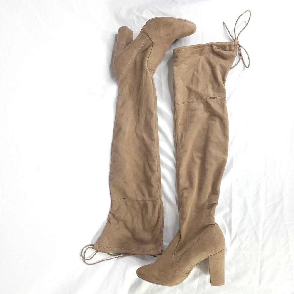 My Delicious Shoes Women Over the Knee Boot Taupe Faux Suede Pull On Tie Calf 10 - Picture 2 of 12